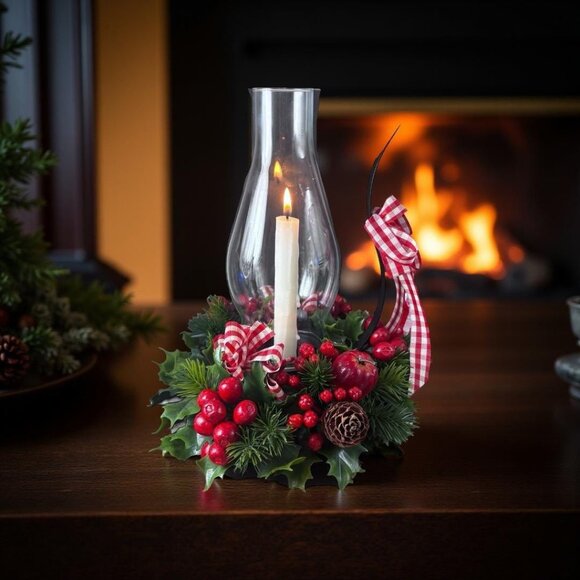 Vintage Christmas Holly & Berry Candle Holder with Glass Globe Hurricane Candle - Picture 13 of 13